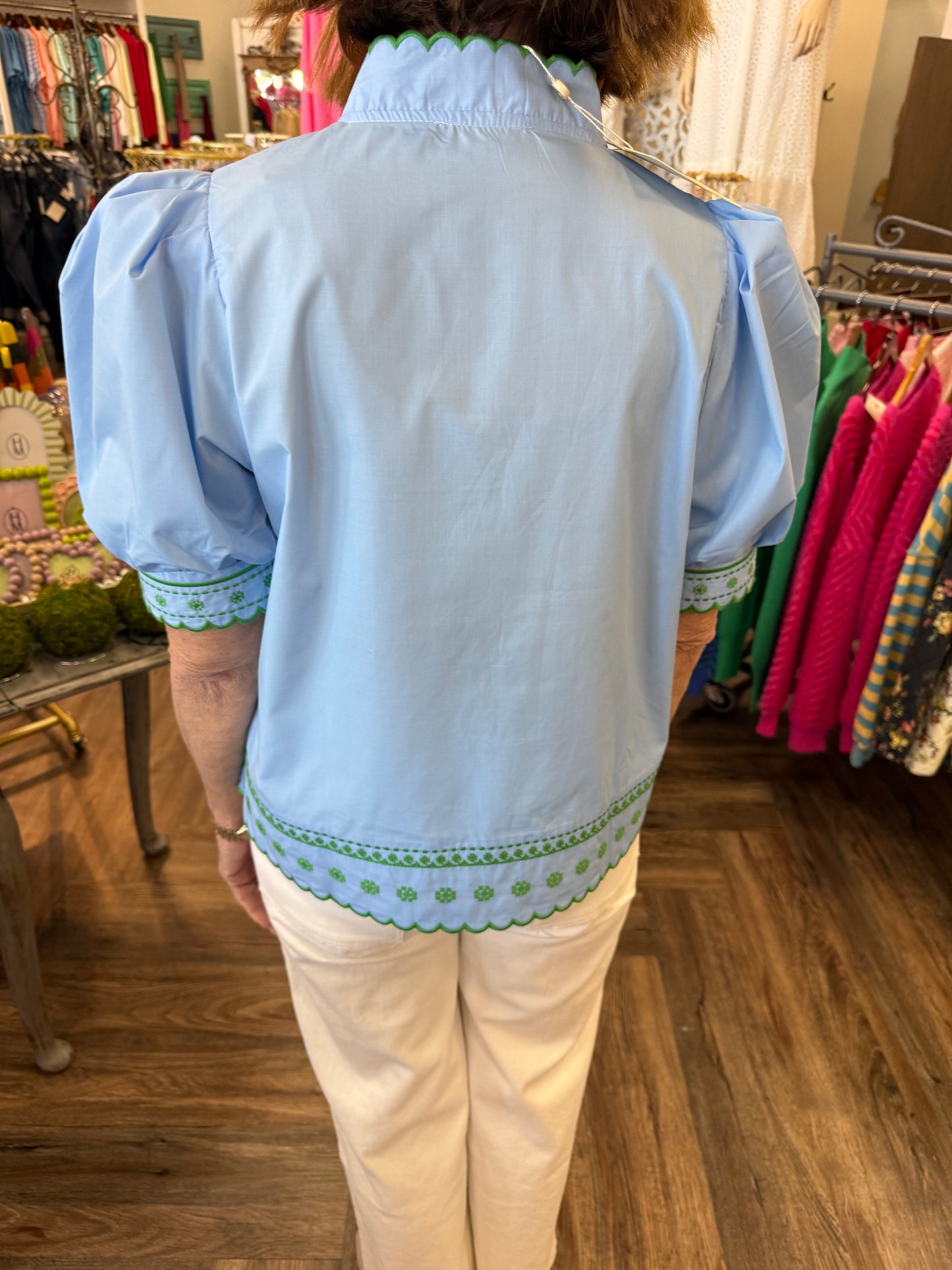 Green Stitch Scalloped Top: Blue