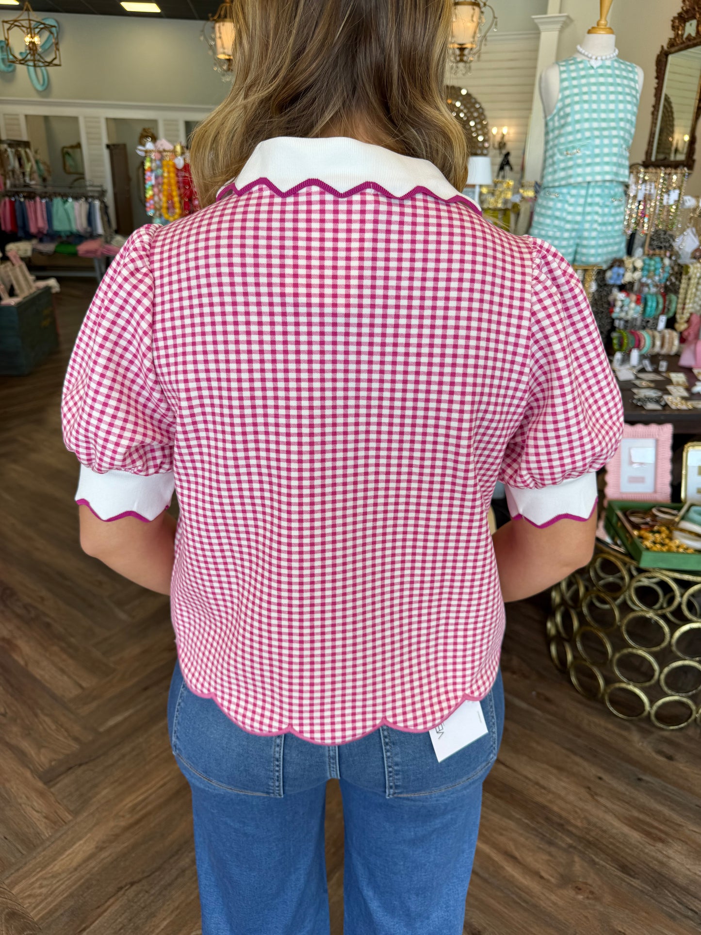 Pink Gingham Scalloped Top