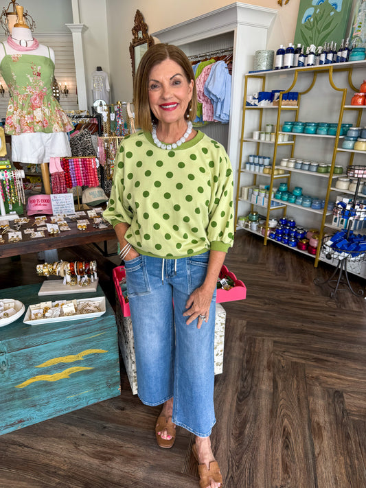 Bubble Sleeve Polka Dot Top: Sage