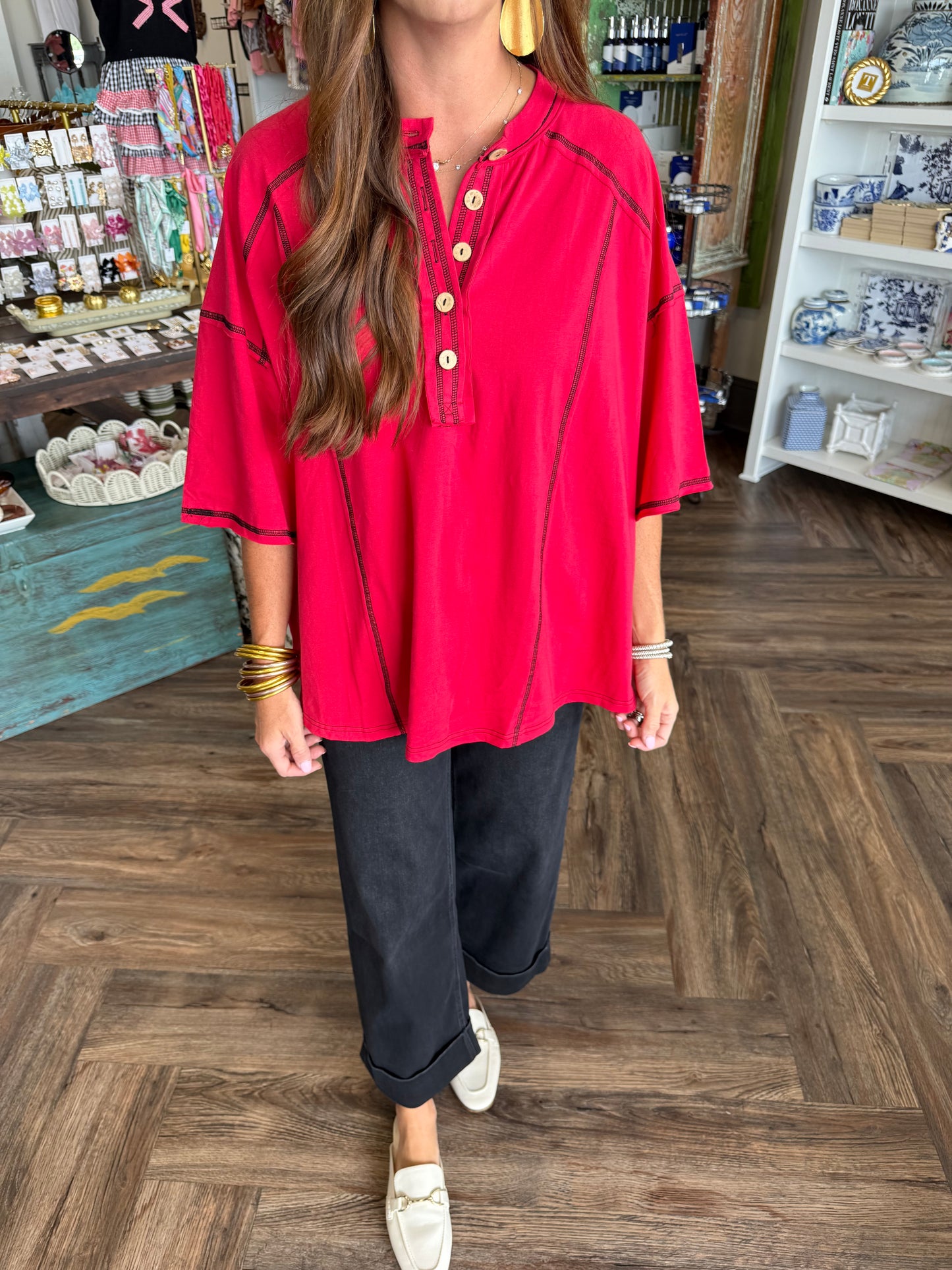Relaxed Button Henley Tee: Red
