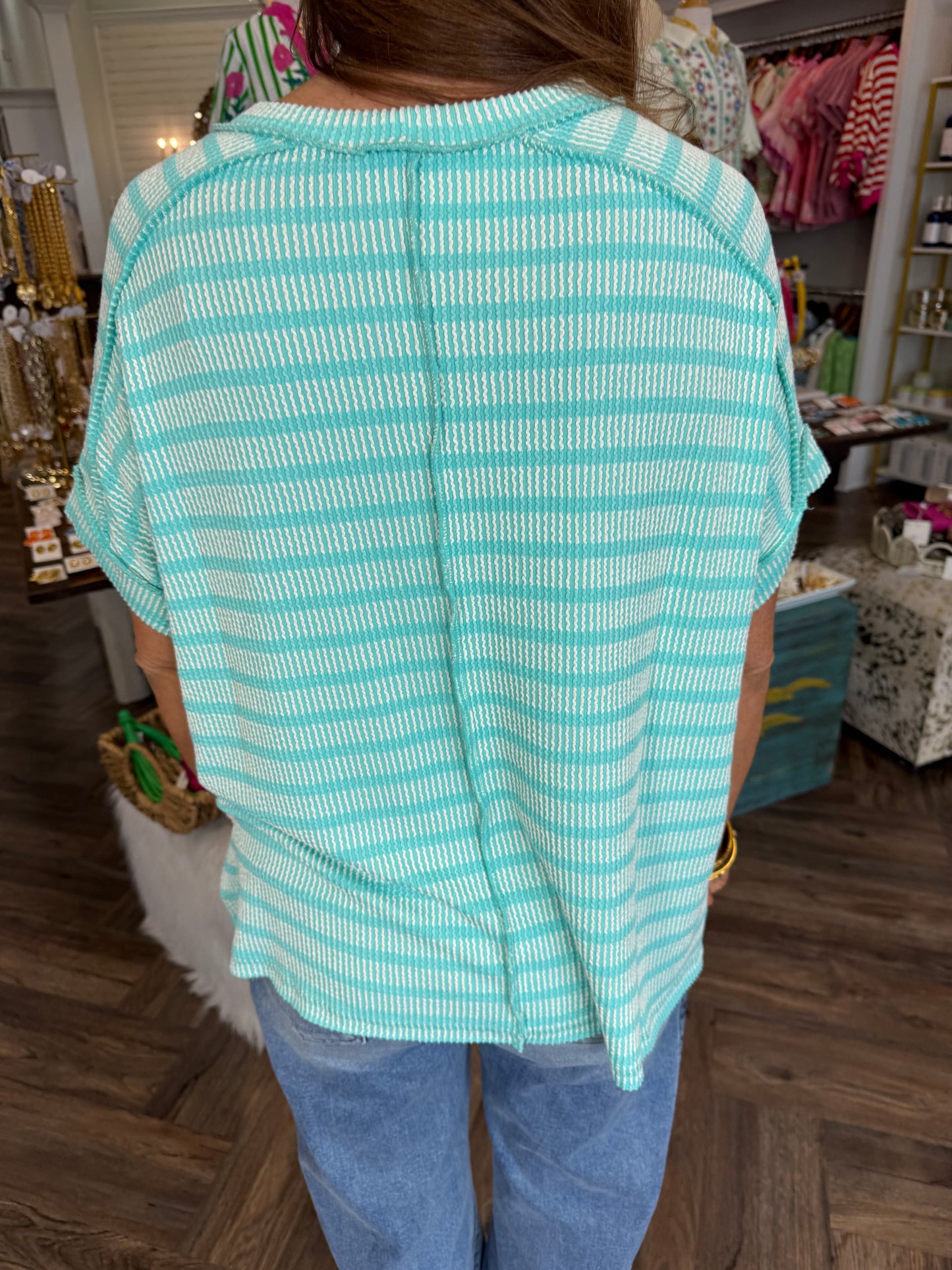 Shayla Stripe Rib Top: Turq