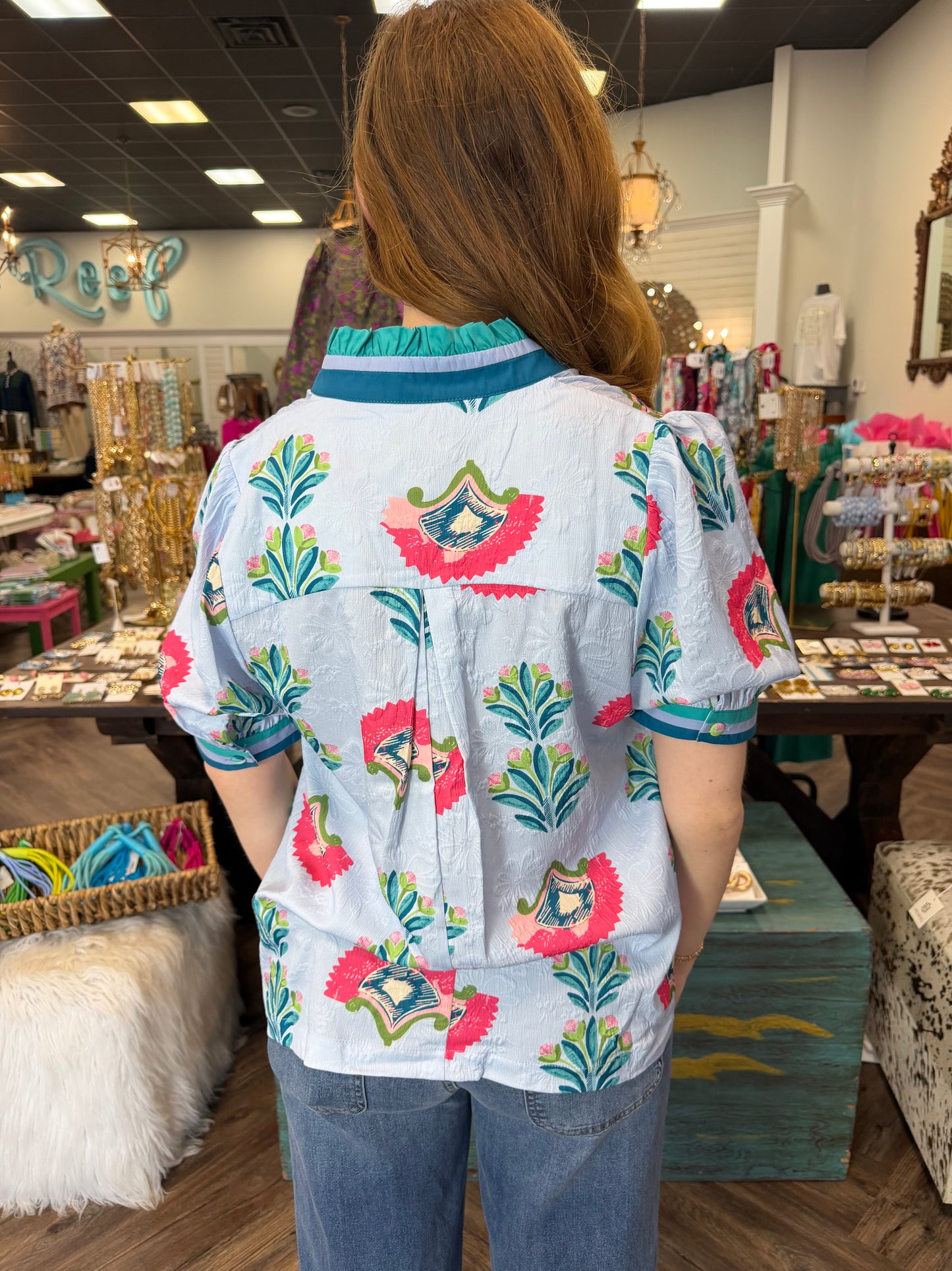 Contrast Trim Flower Top: Blue