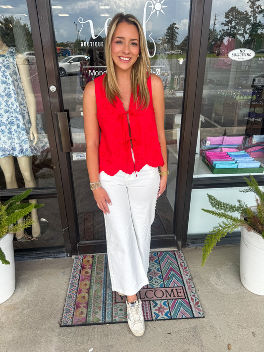 Floral Tie Applique Top: Red