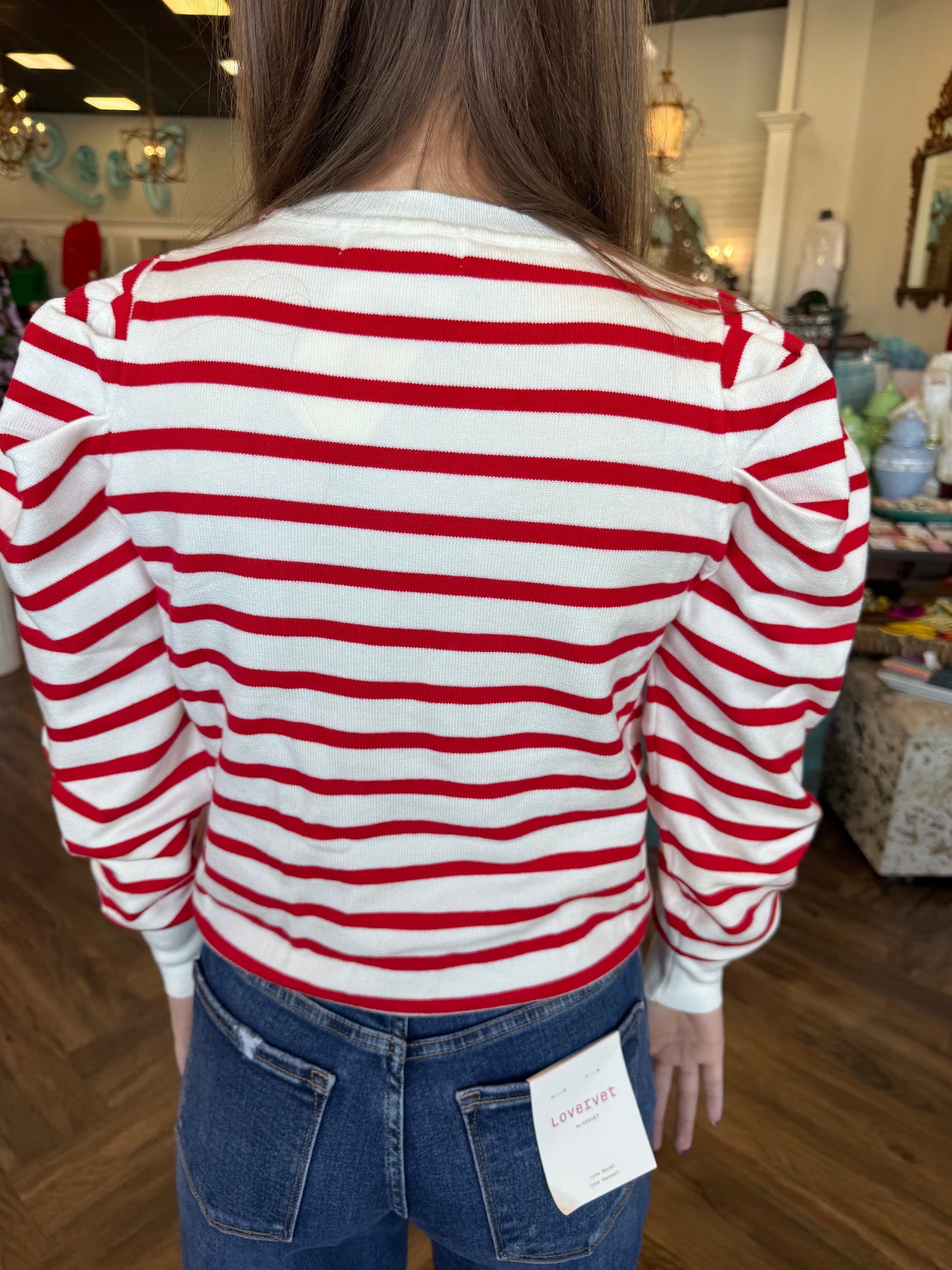 Red & White Striped Puff Sleeve Sweater