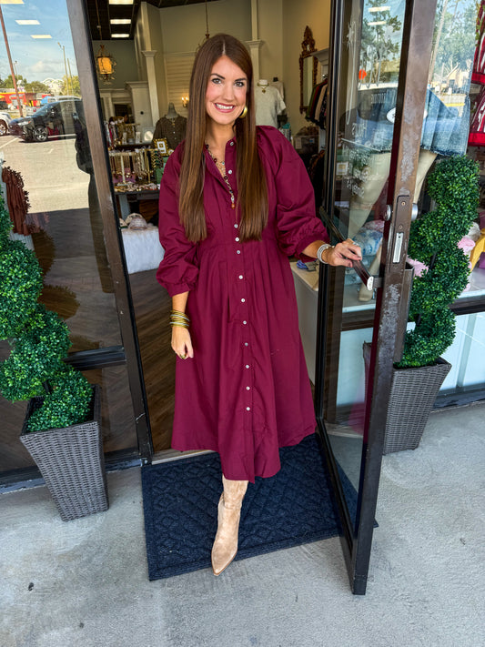 Synched Waist Midi Dress: Burgundy
