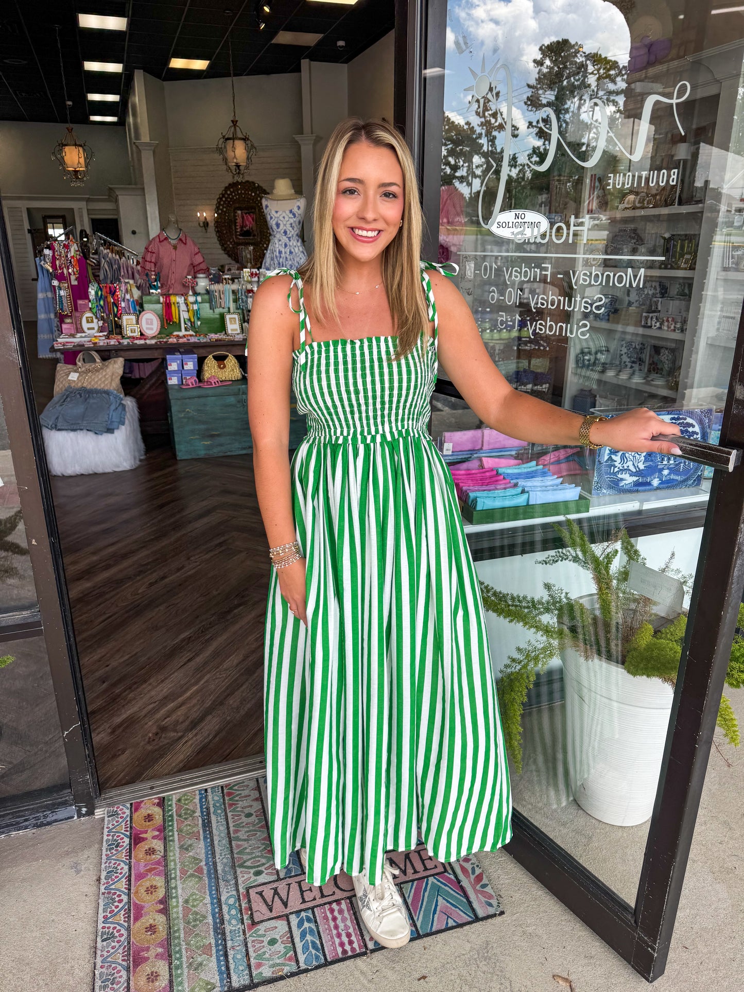 Green and White Stripe Midi Dress