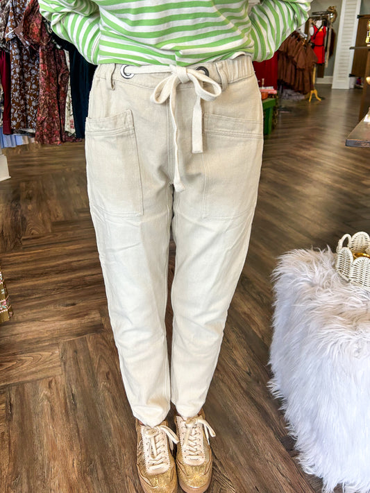 Cream Tie Waist Pant