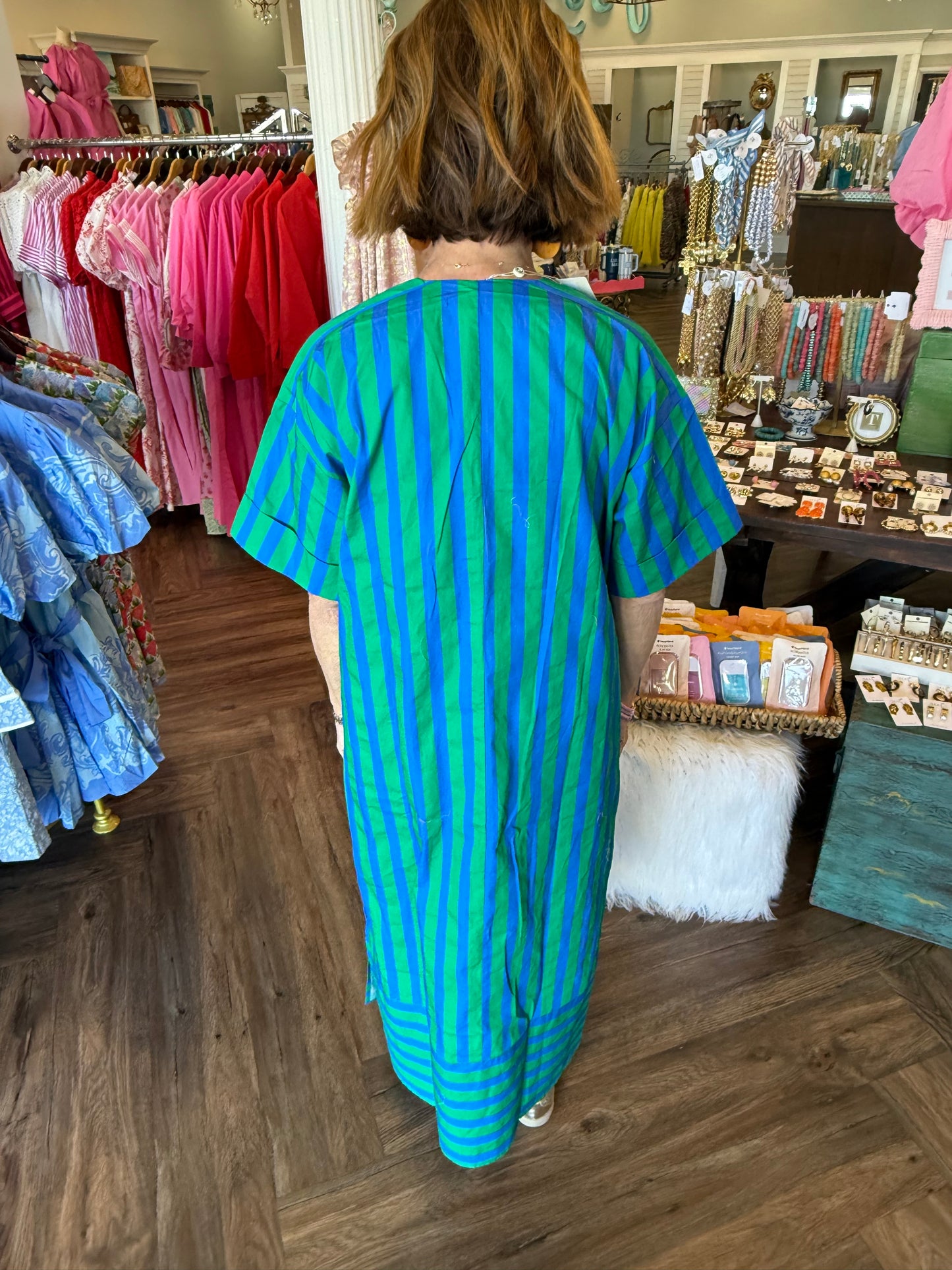 Blue/Green V-Neck Midi Dress