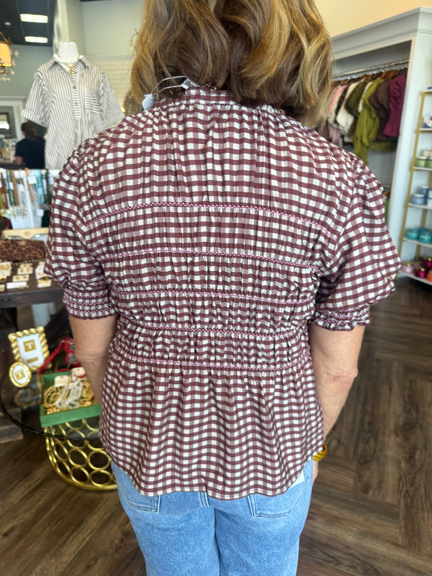 Plaid Smocked Puff Sleeve Top: Burgandy