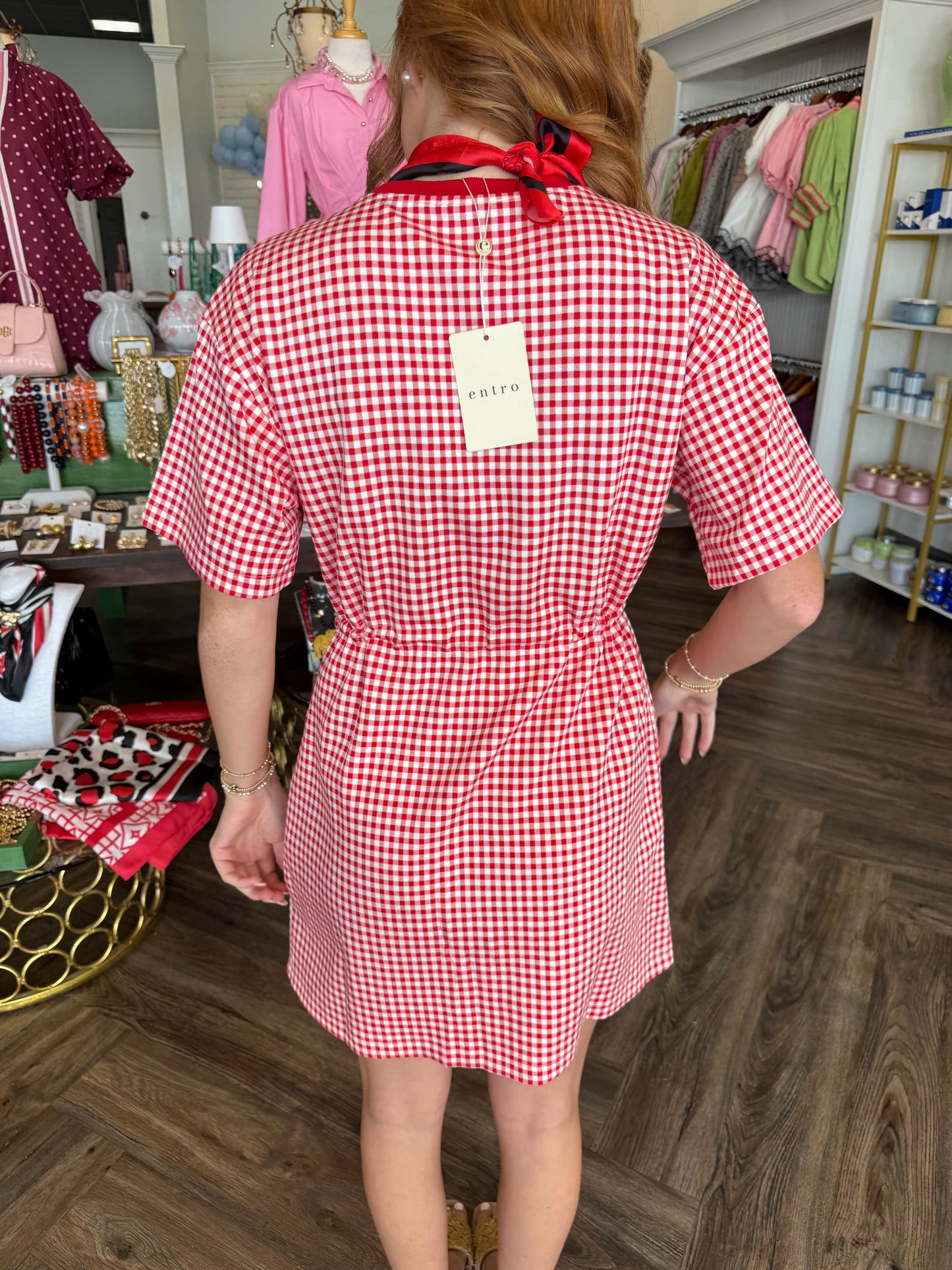 Gingham Drawstring Dress: Red