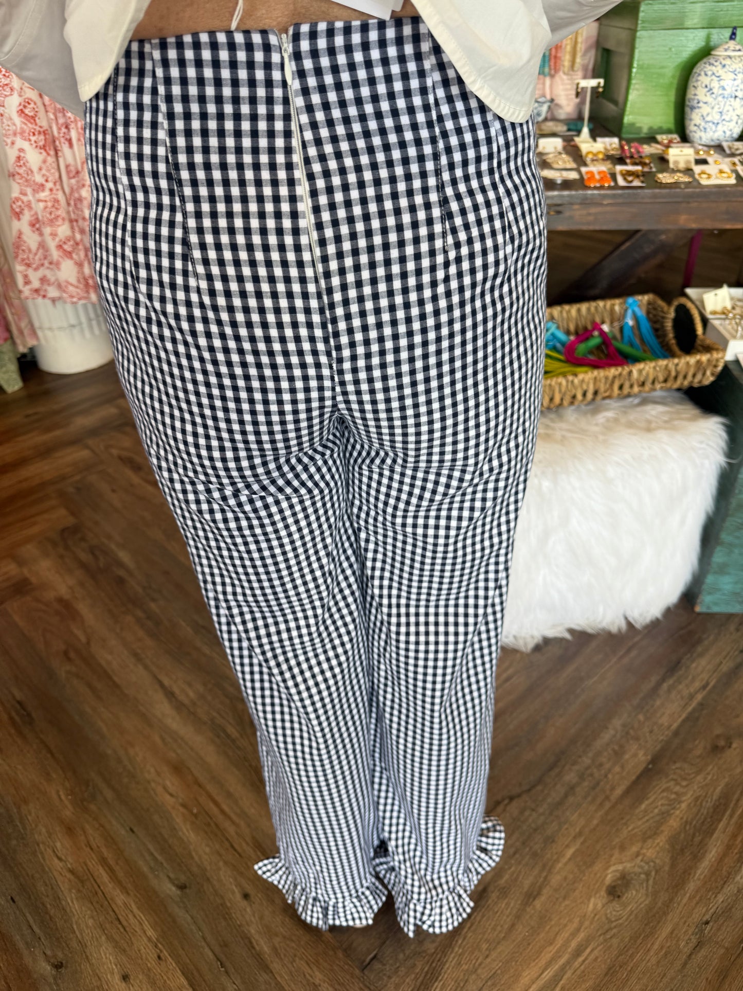 Dark Navy Gingham Ruffle Pants