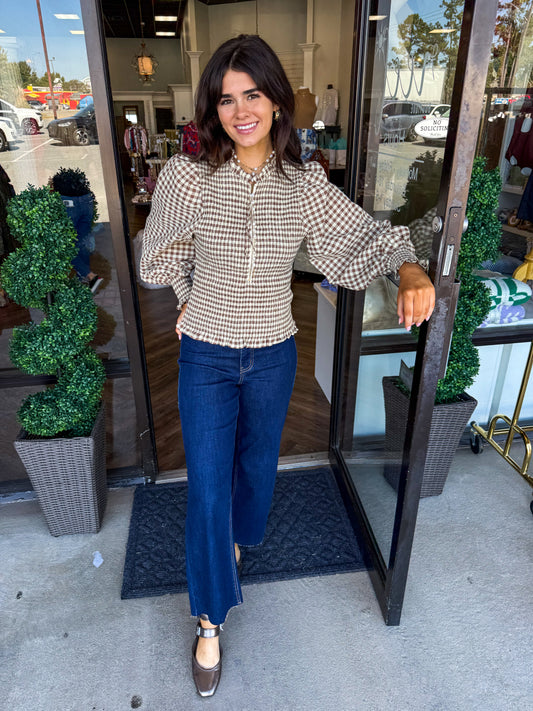 Gingham Smocked Zipper Top: Brown