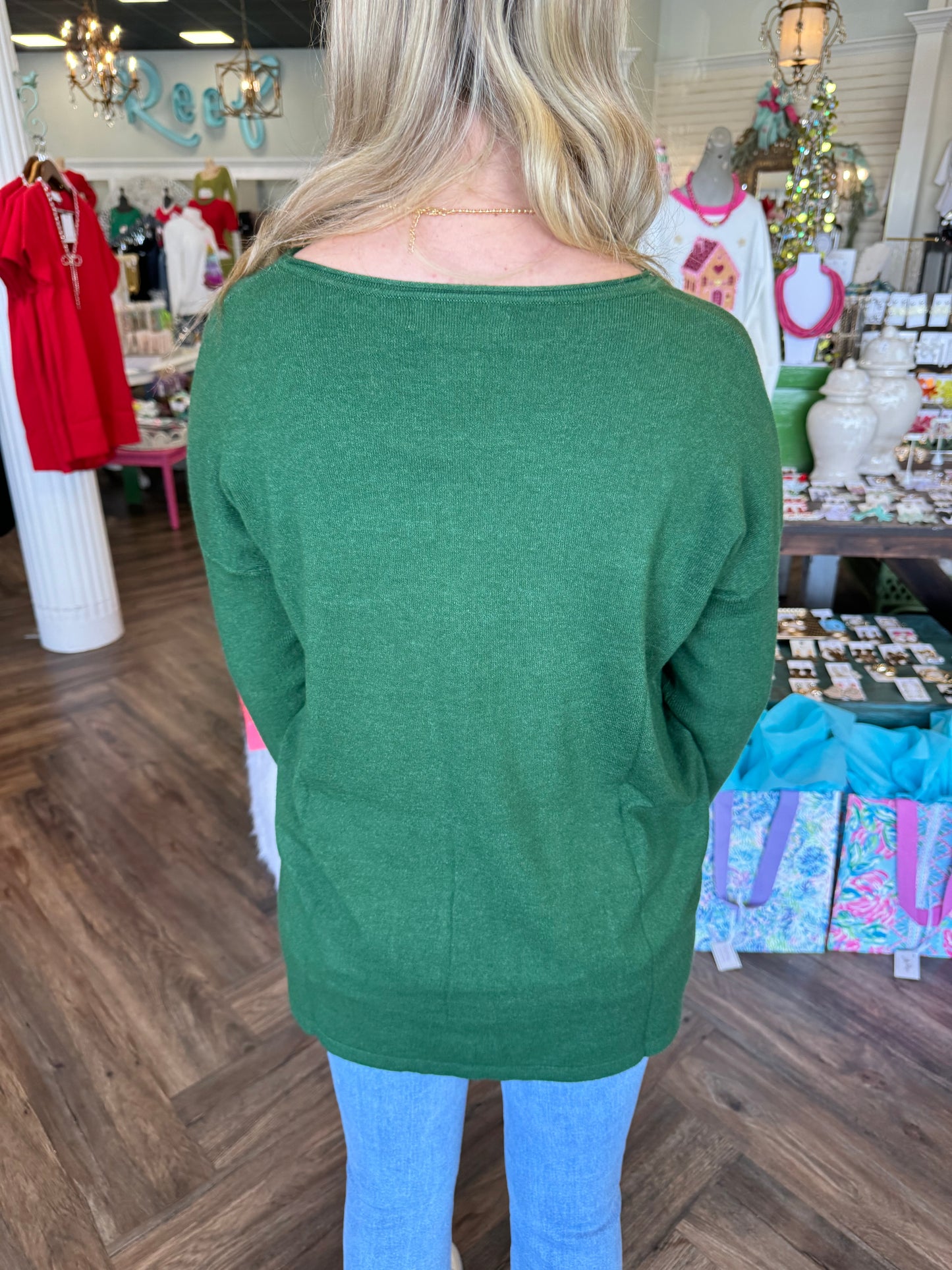 Cozy Soft Pocket Sweater: Dk Green