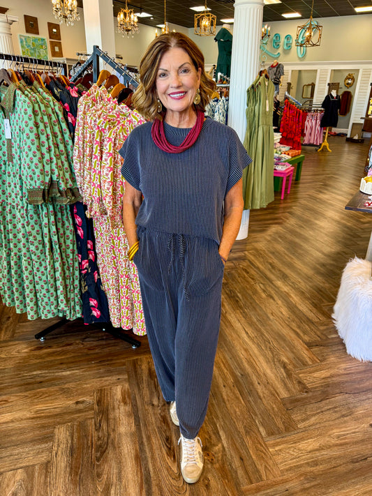 Striped Rib Knit Set: Black