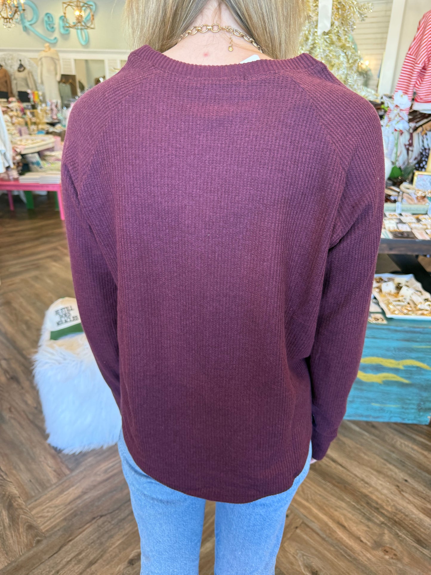 Sarah Waffle Top: Burgandy