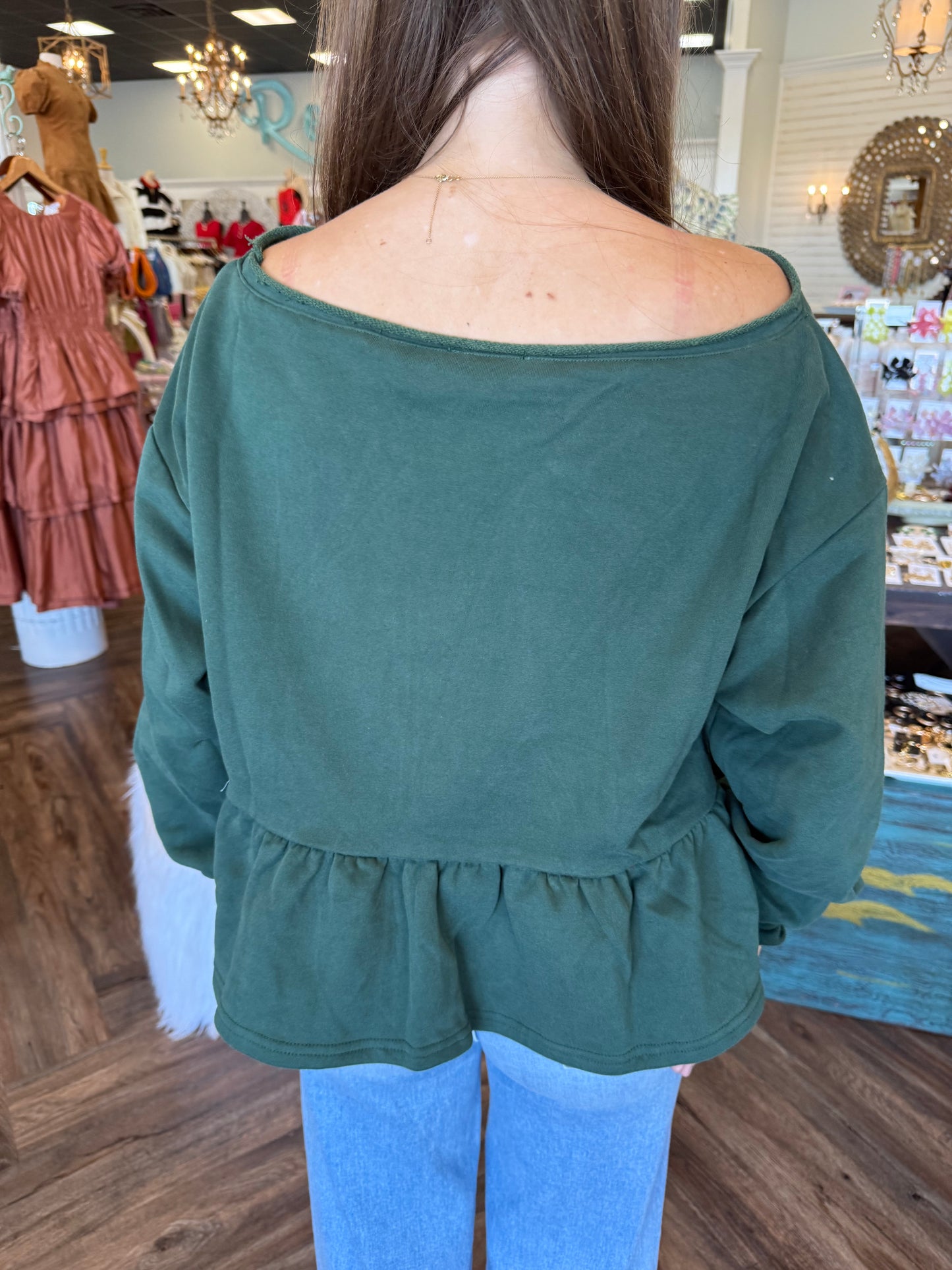 Off-The Shoulder Ruffle Hem Top: Green