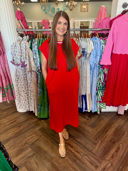 Tomato Red Cotton Midi Dress