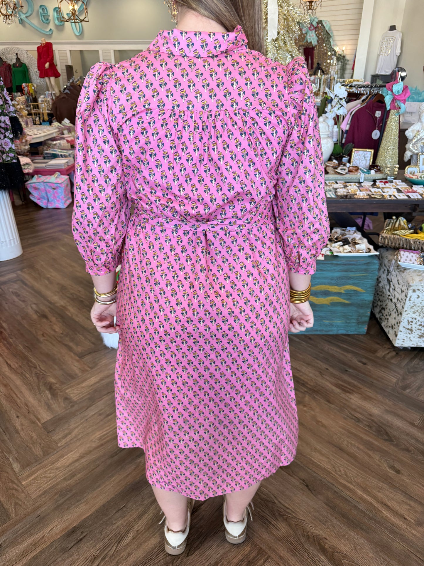 Dainty Floral Pink Tie Midi Dress