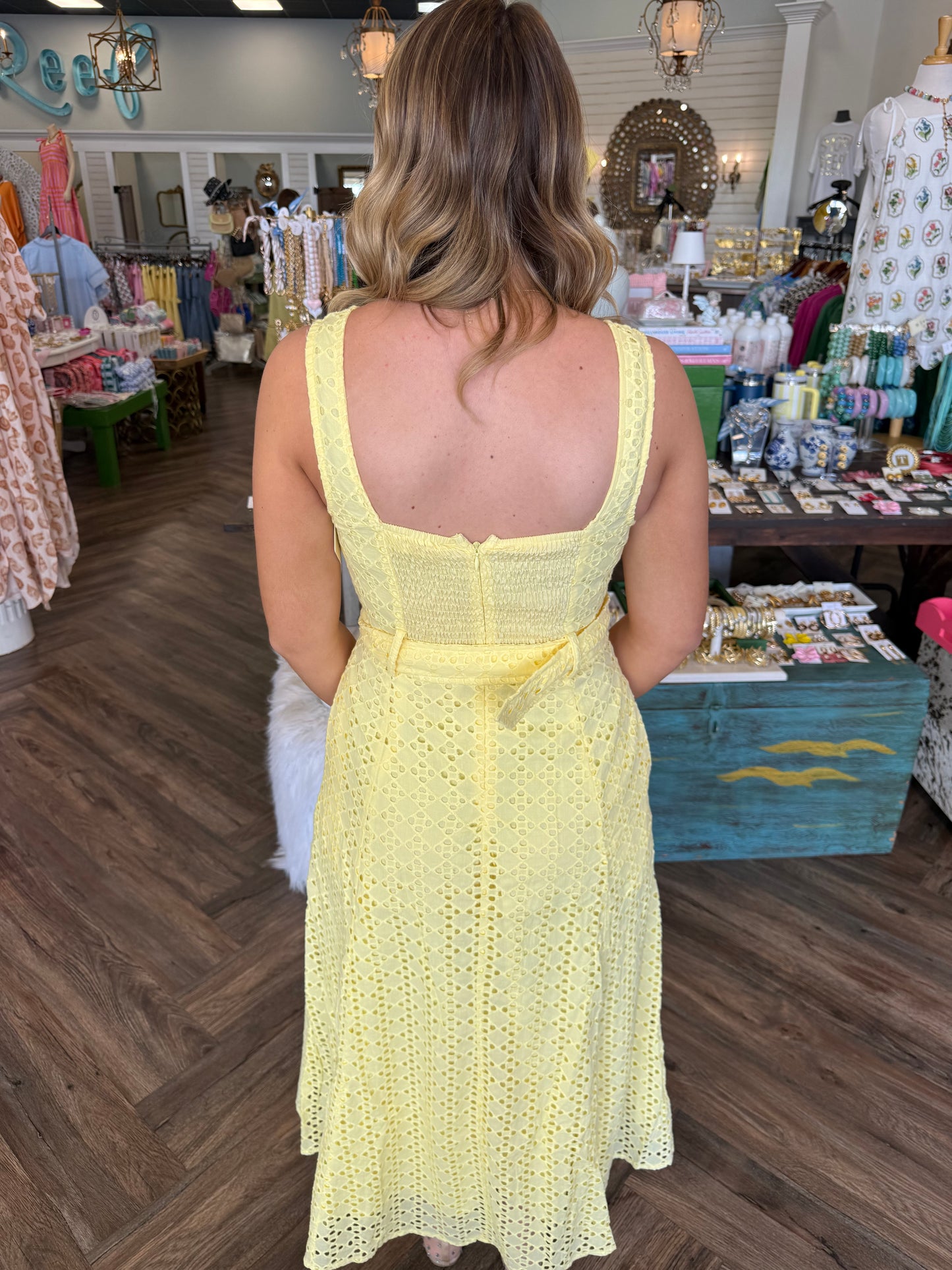 Lemon Eyelet Midi Dress