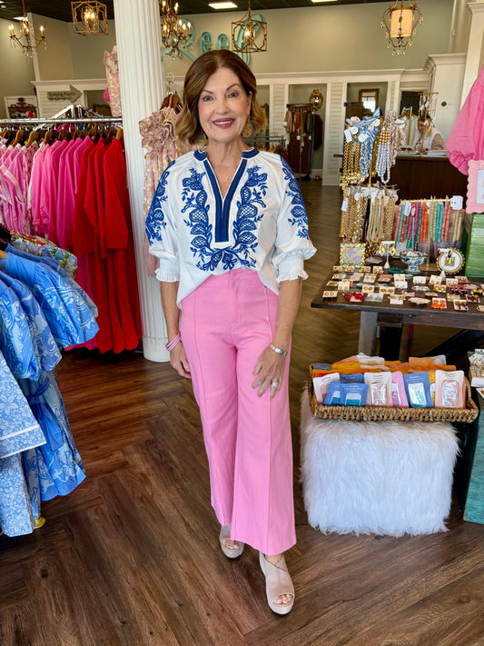 Paisley Blue and White Stitch Top