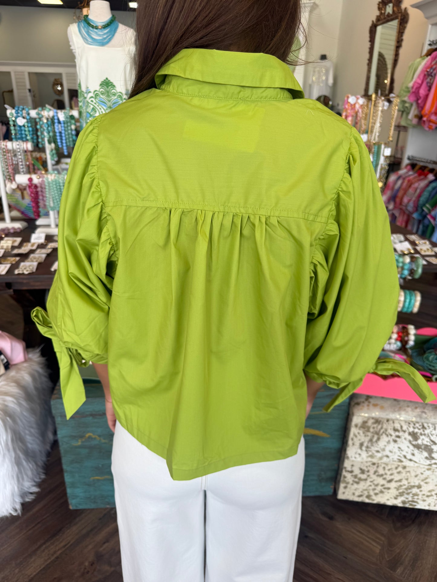 Scalloped Collar Solid Top: Chartreuse