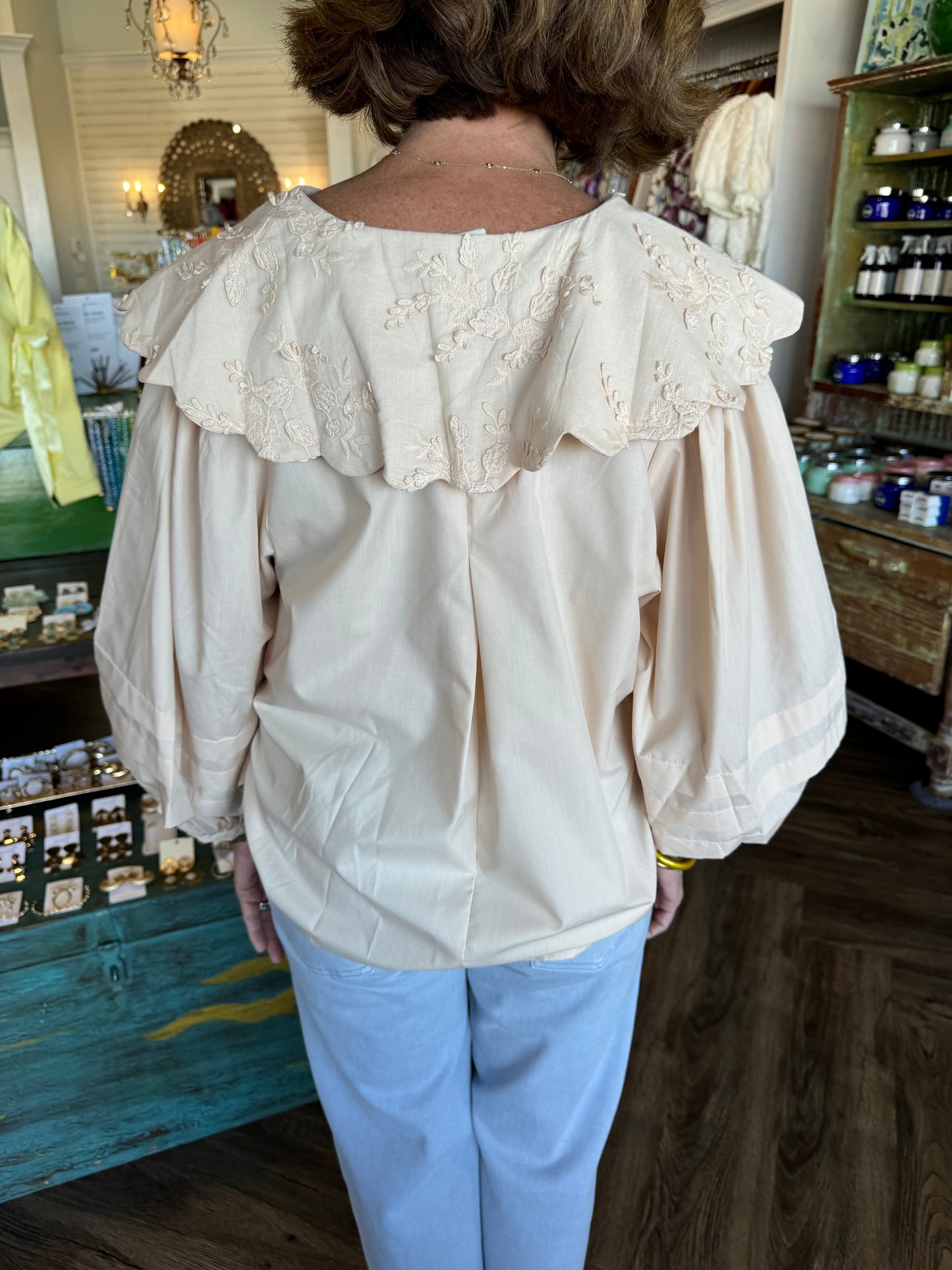 Scalloped Oversized Collar Top: Ecru