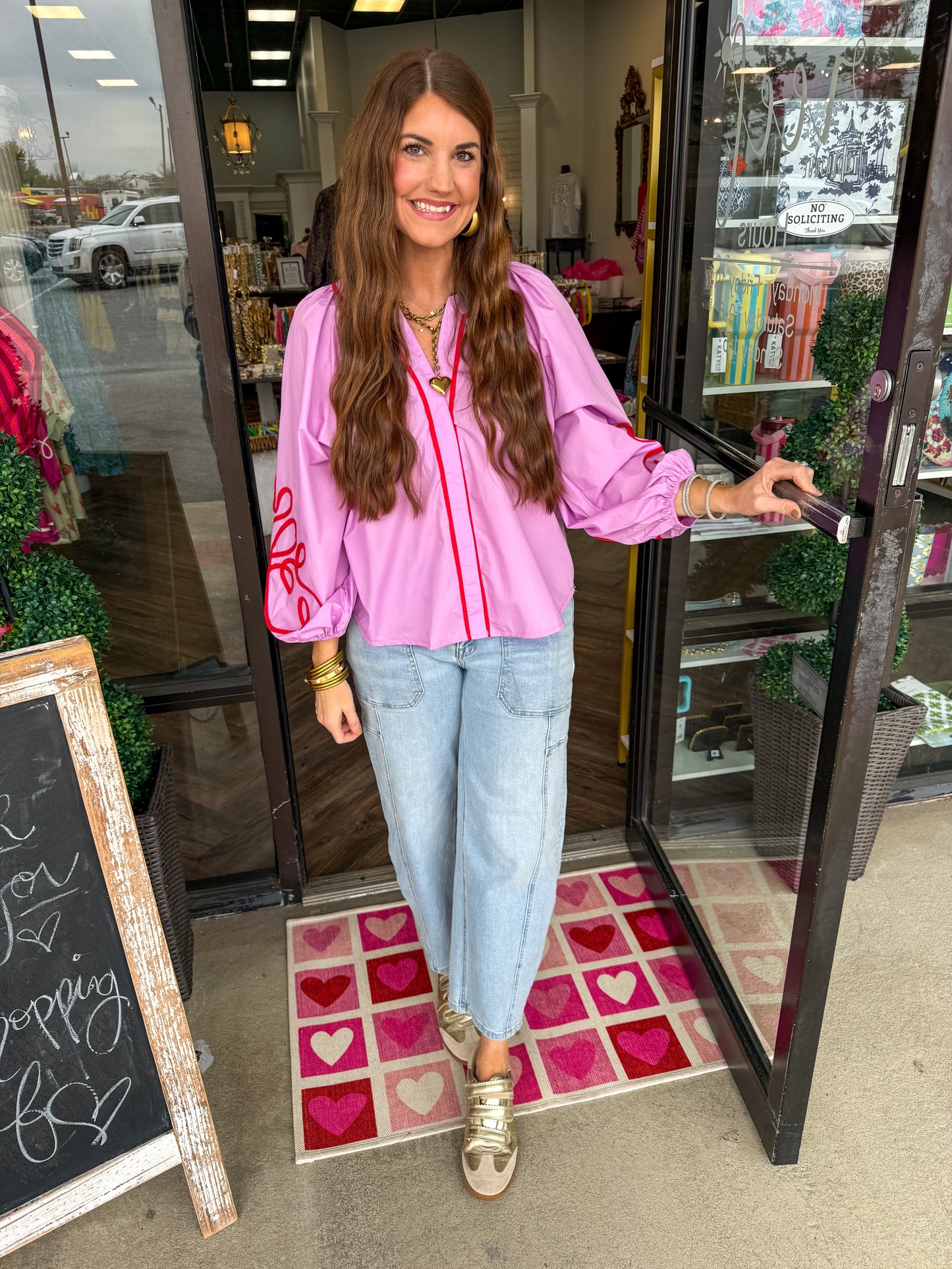 Contrast Detail Puff Sleeve Blouse: Pink