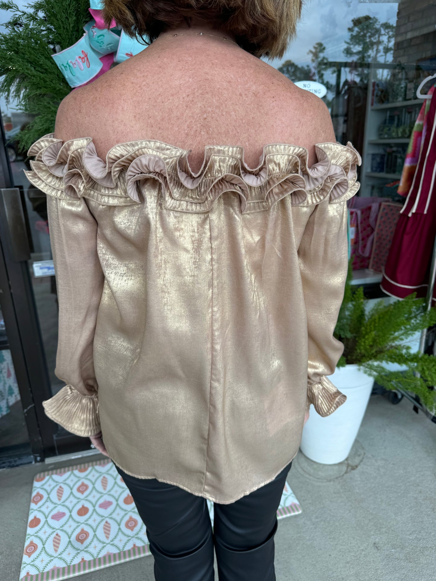 Off-the-Shoulder Gold Holiday Top