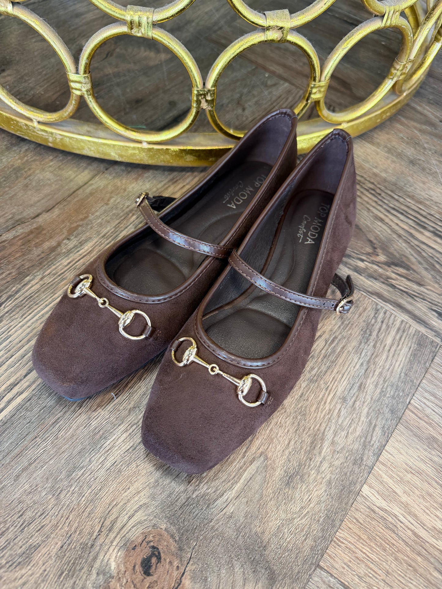 Mary Jane Horsebit Brown Suede Flats