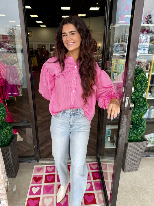 Pinstripe Bubble Sleeve Top: Pink