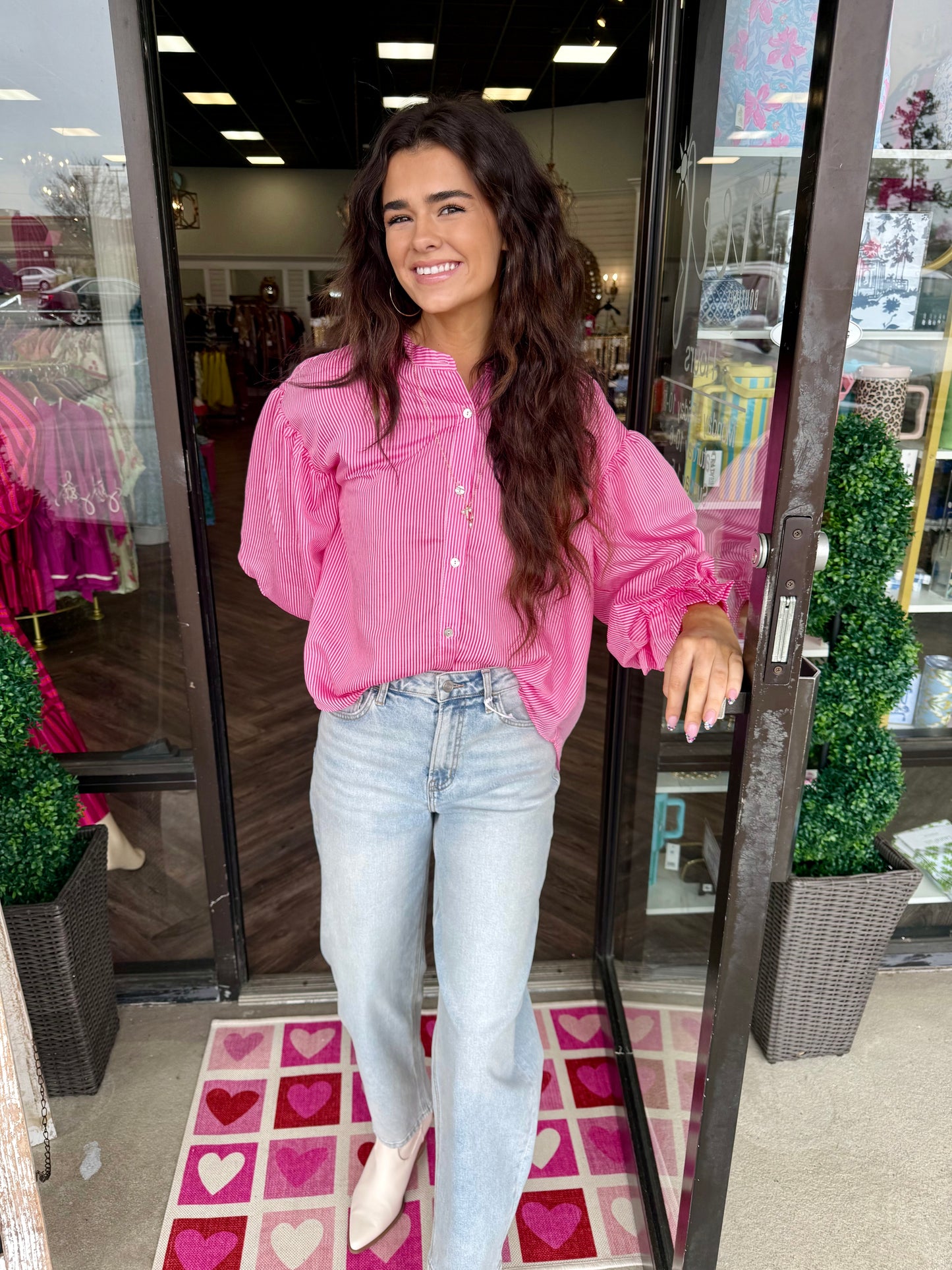 Pinstripe Bubble Sleeve Top: Pink