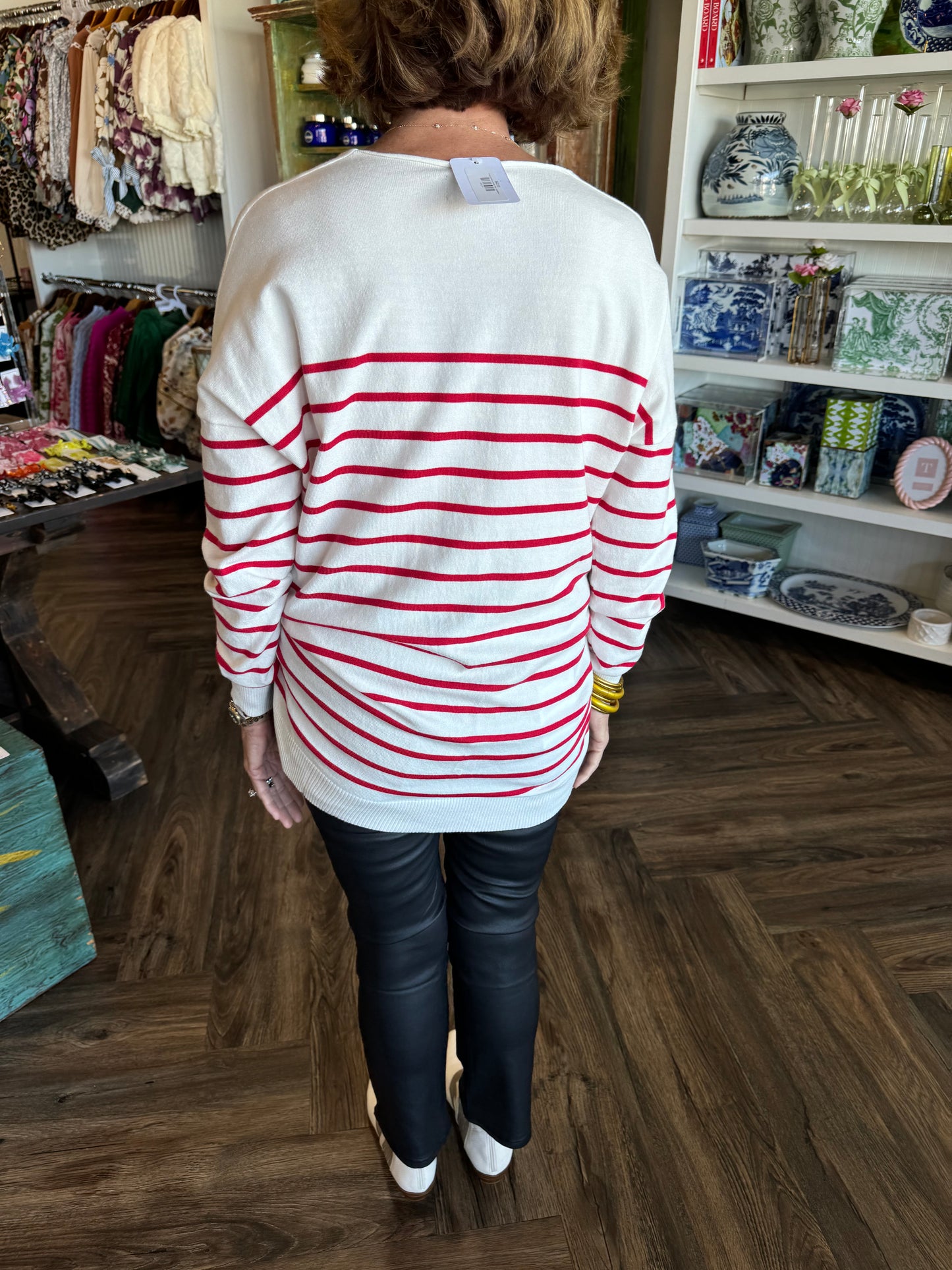 V-Neck Soft Stripe Sweater: Red