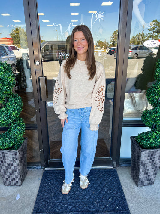 Embroidered Sleeved Oatmeal Sweater