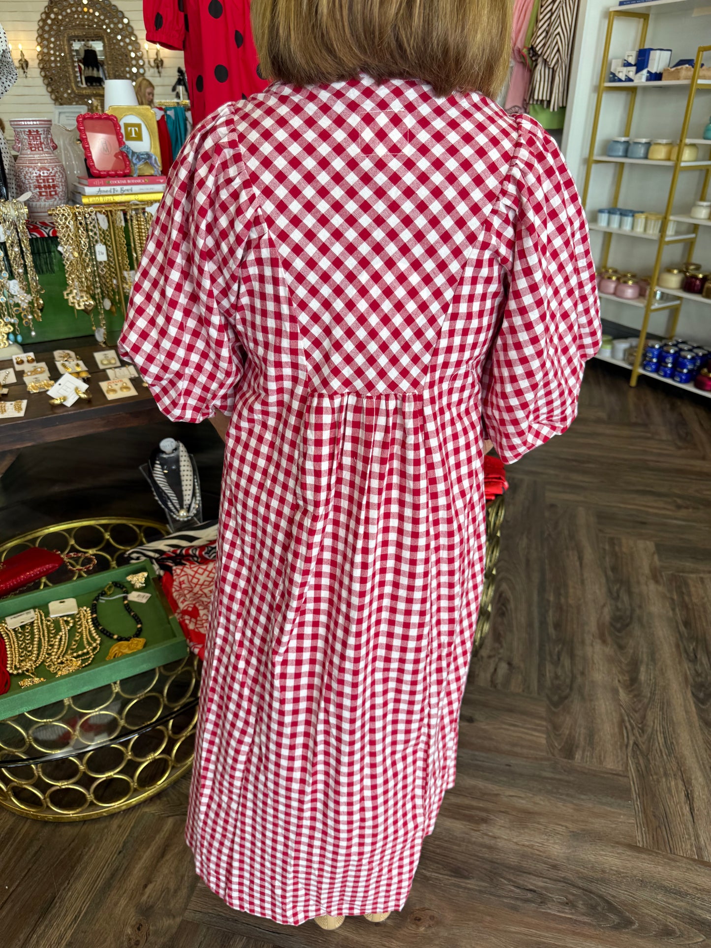 Harvest Collar Plaid Midi Dress: Crimson