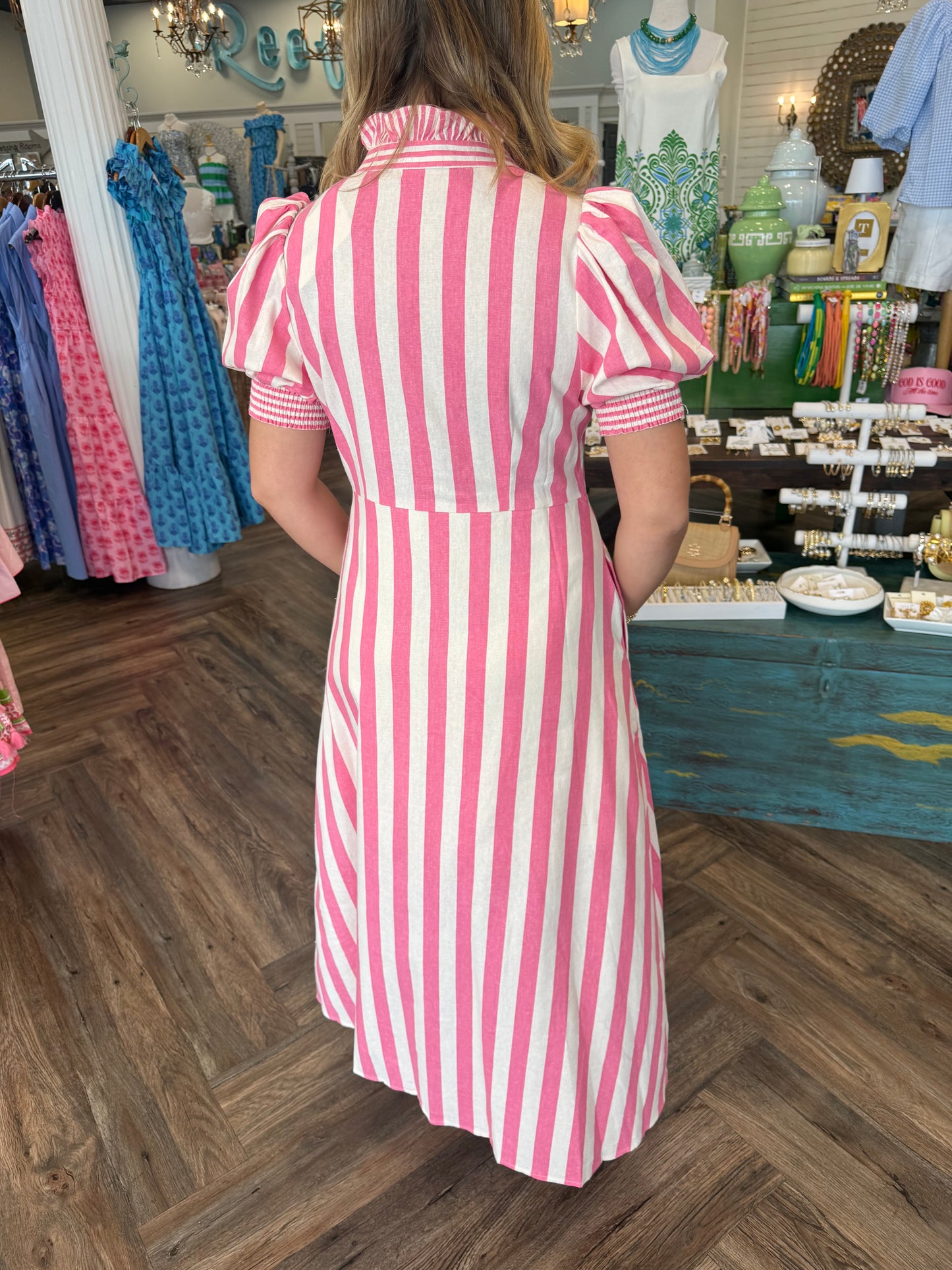 Pink Linen Stripe Midi Dress