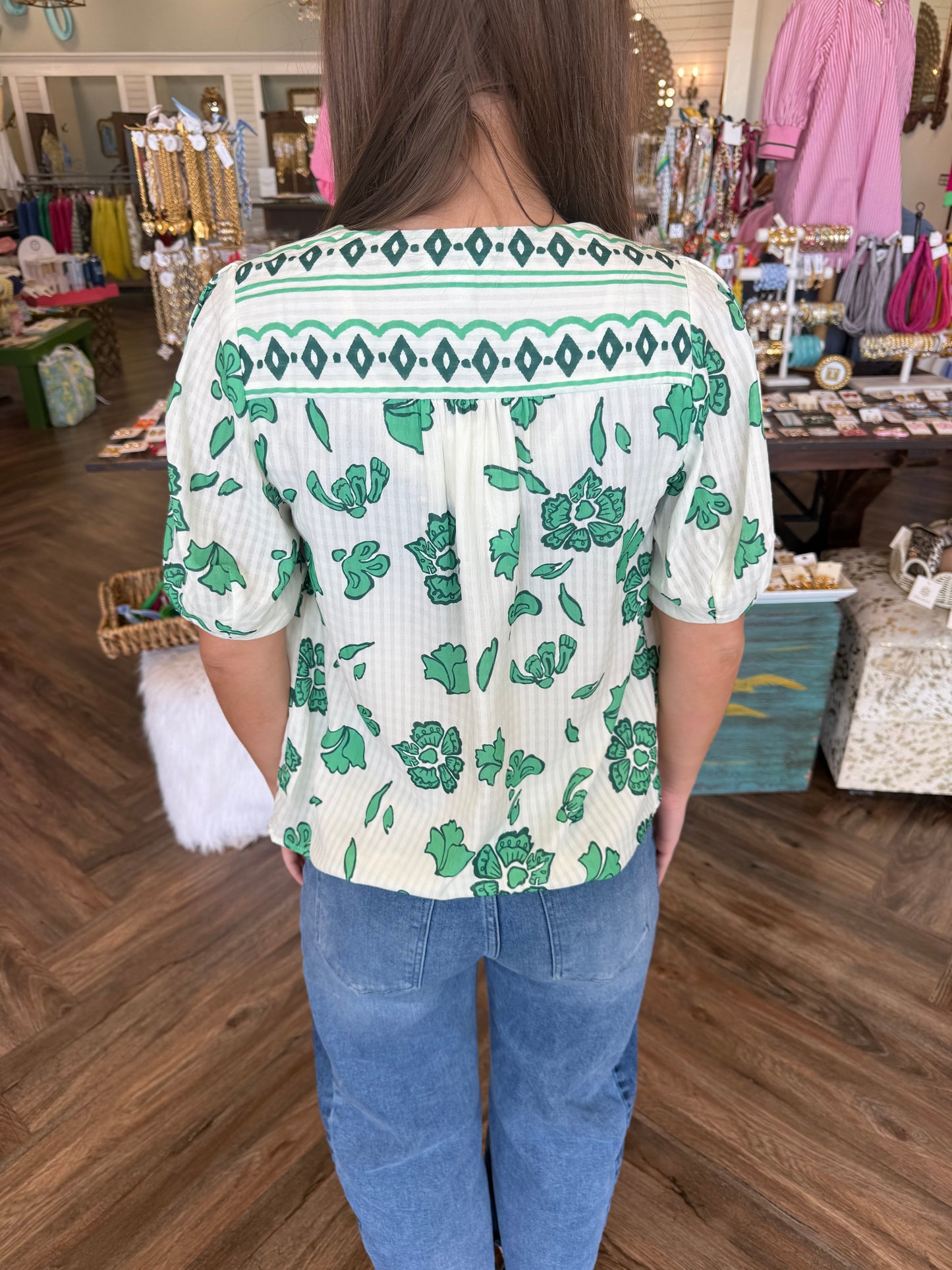 Green V-Neck Floral Top