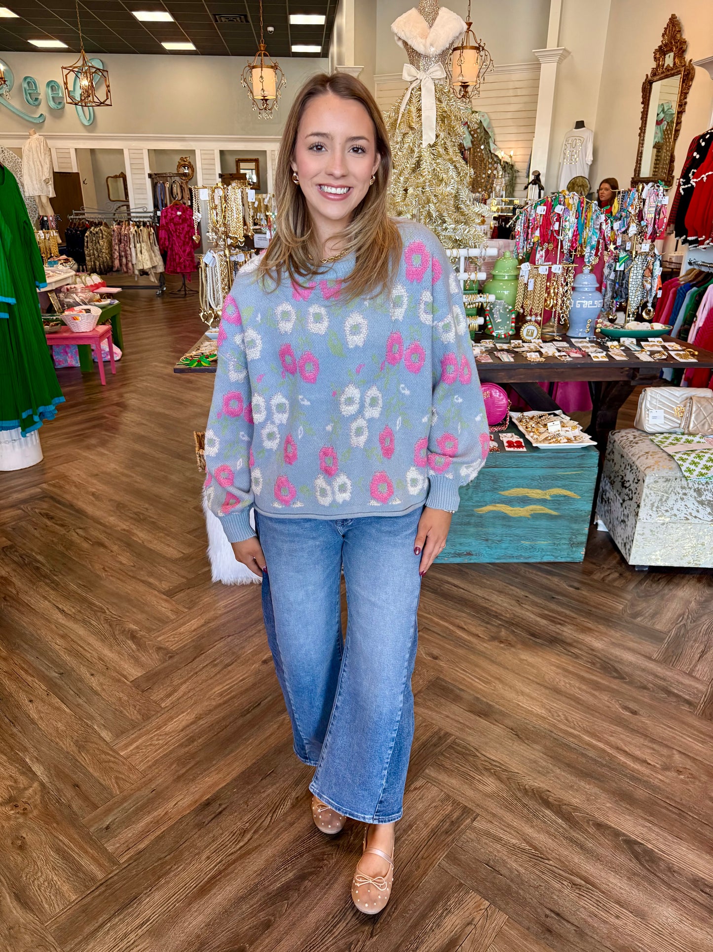 Floral Frolic Sweater: Sky