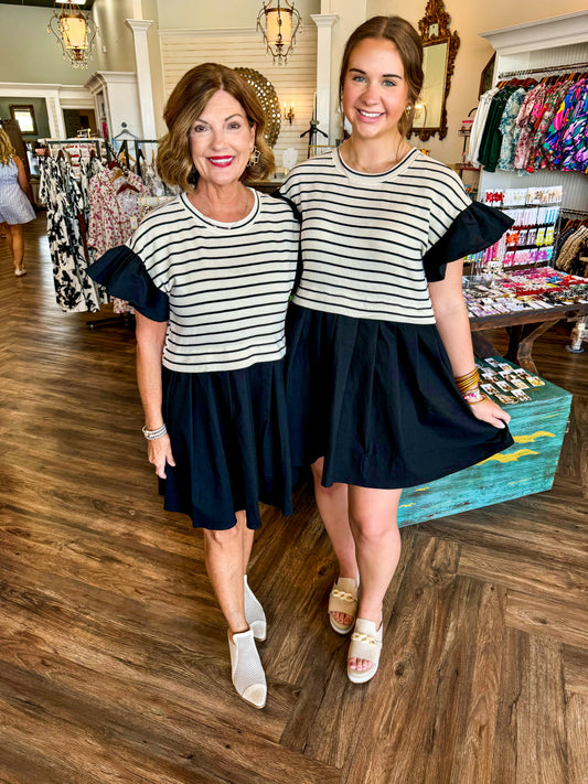 B&W Pleated Striped Dress