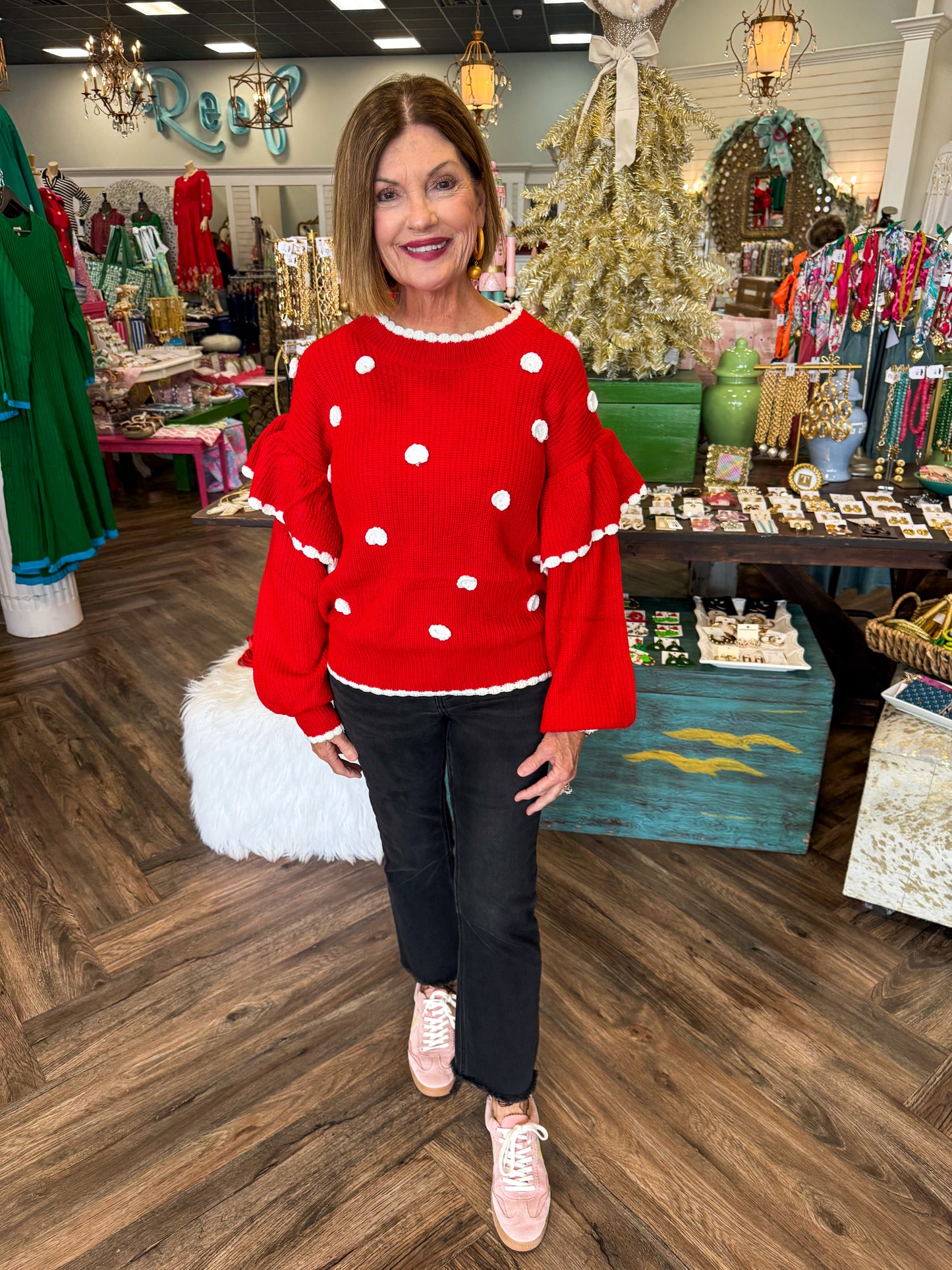 Polka Dot Ruffle Sweater: Red