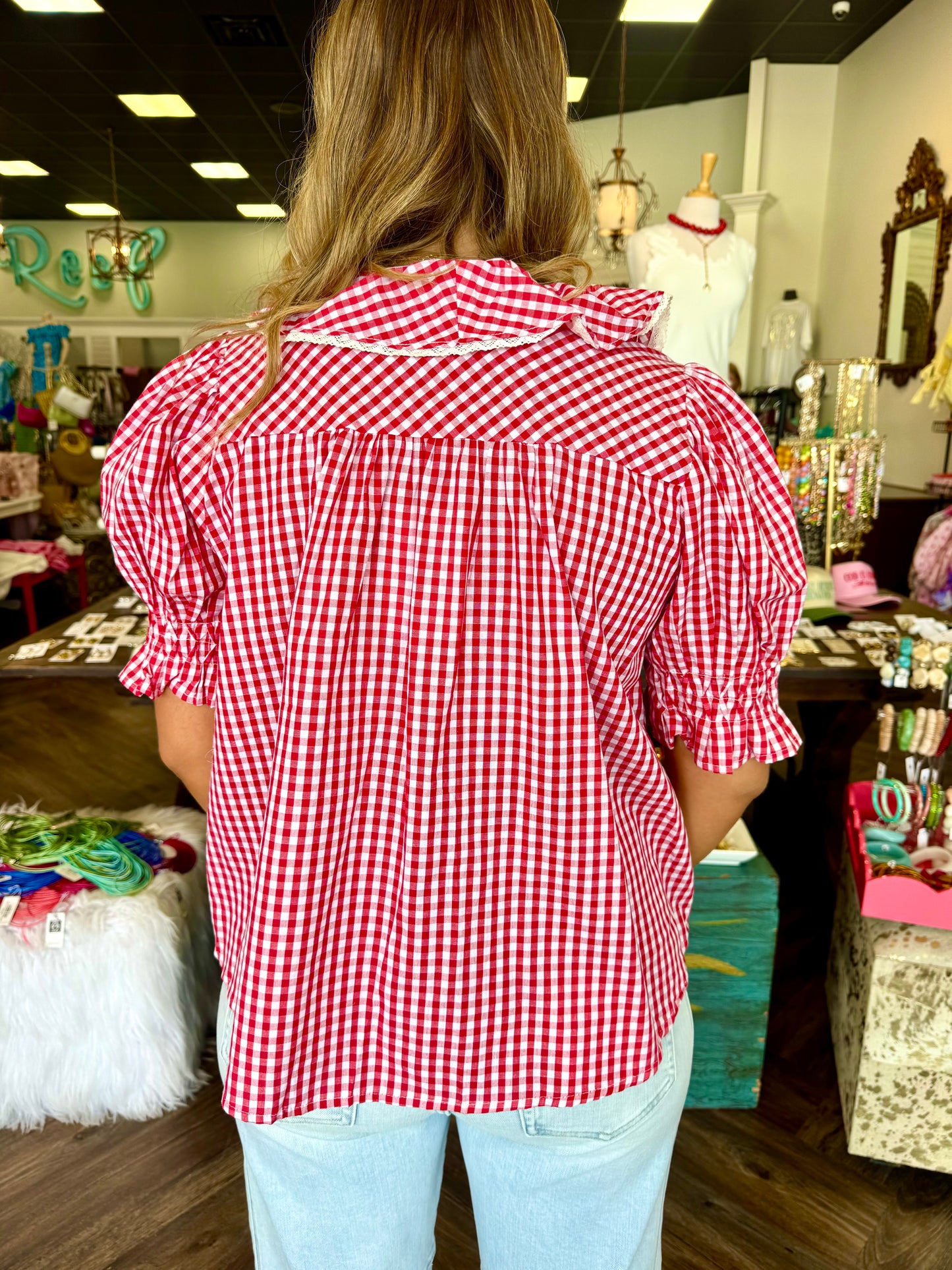 Red Ruffle Gingham Top