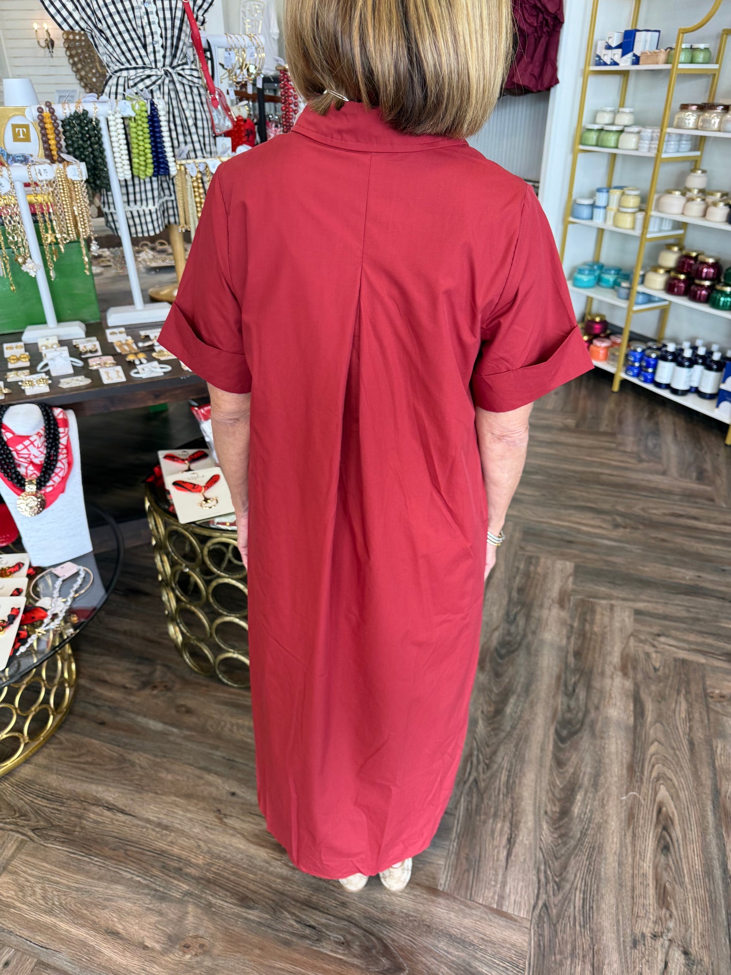 Starburst Button Crimson Midi Dress