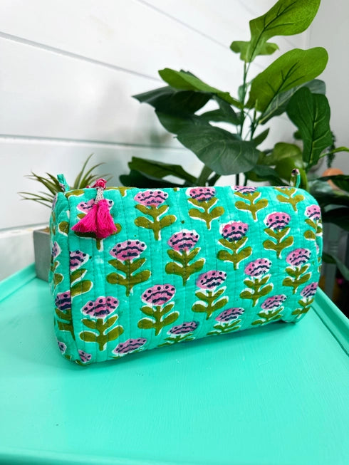 Quilted Make Up Bag: Aqua Floral