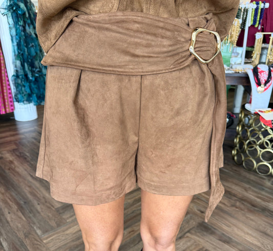 Brown Suede Buckle Skort