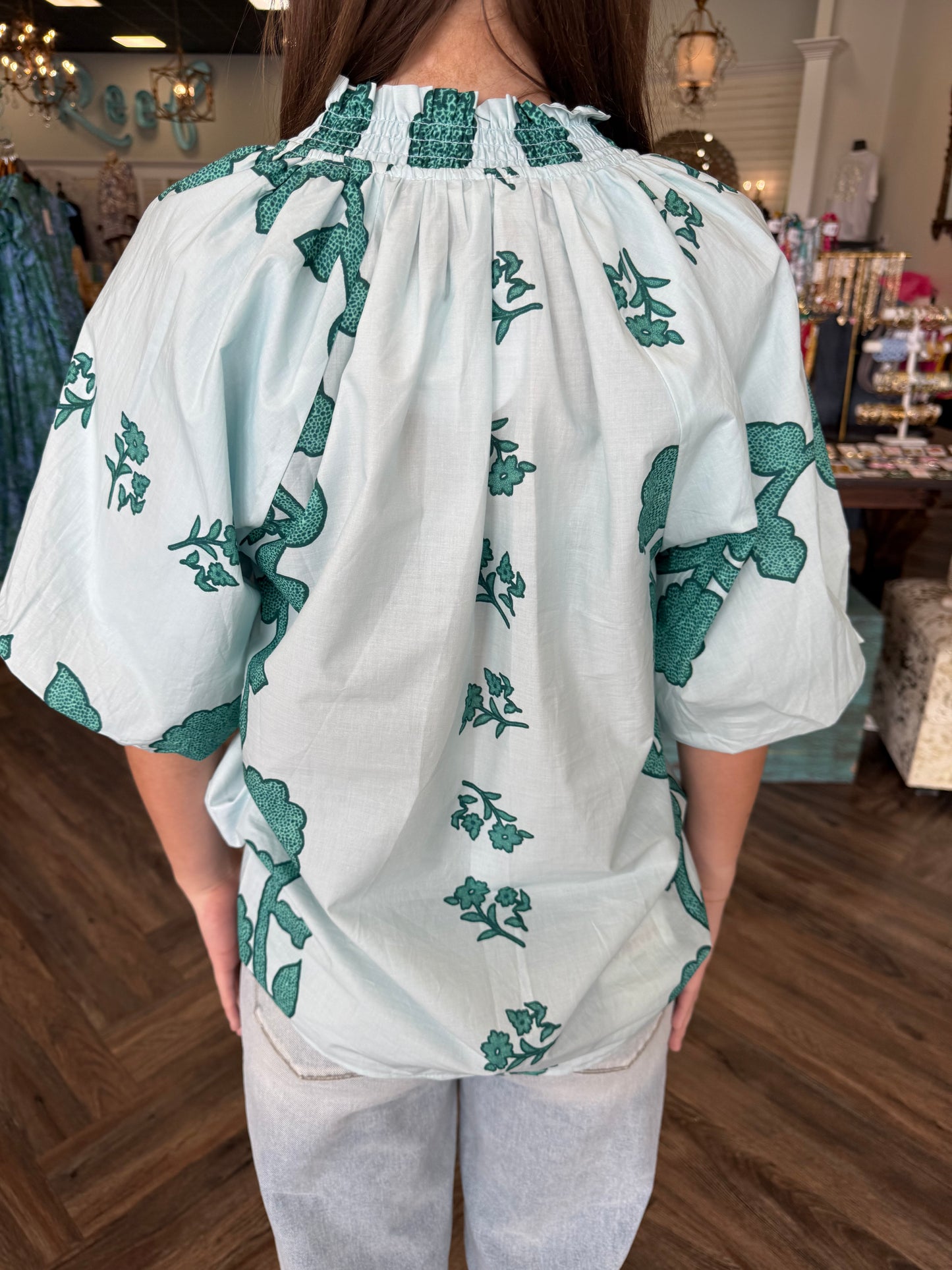 Smocked Floral Top: Teal