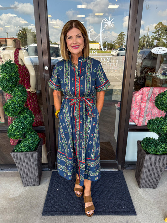 Emily Gray Border Dress: navy