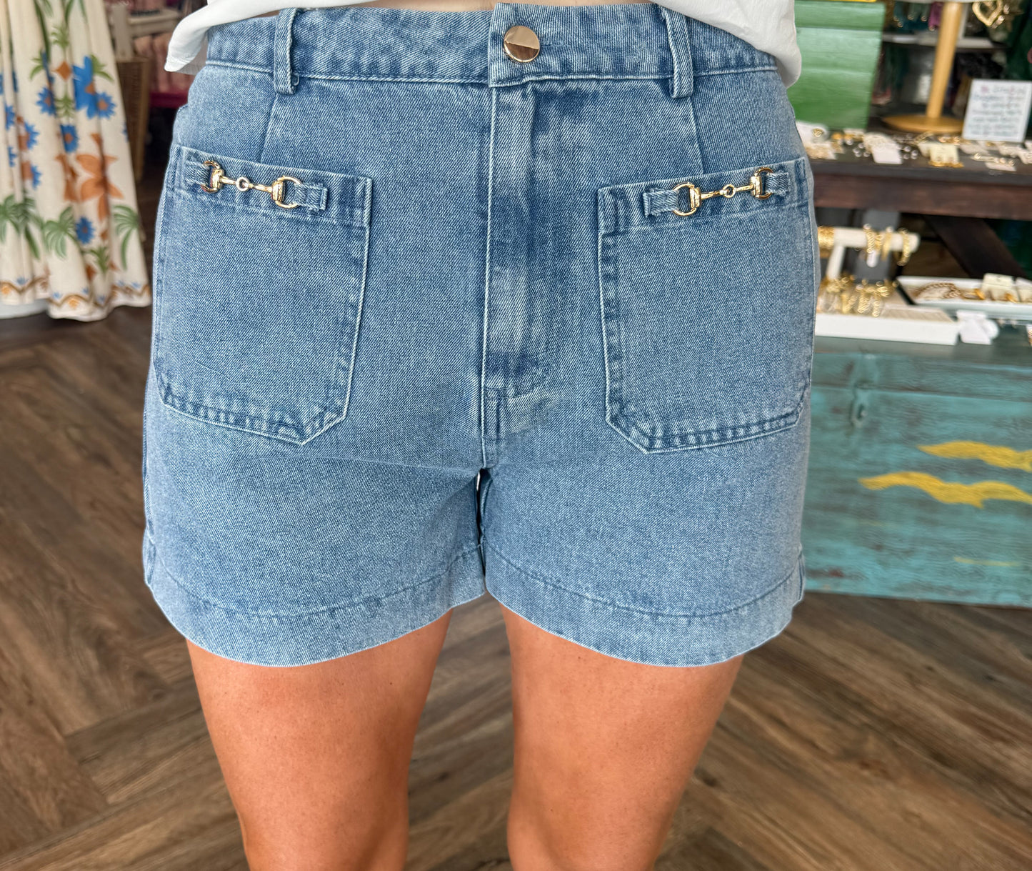 Horsebit Pocket Shorts: Denim