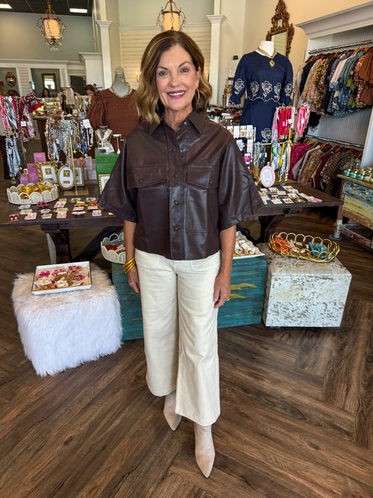 Leather Button Top: Brown