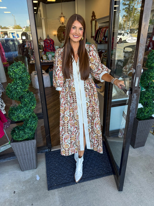 Floral Paisley Zip Midi Dress: Cream