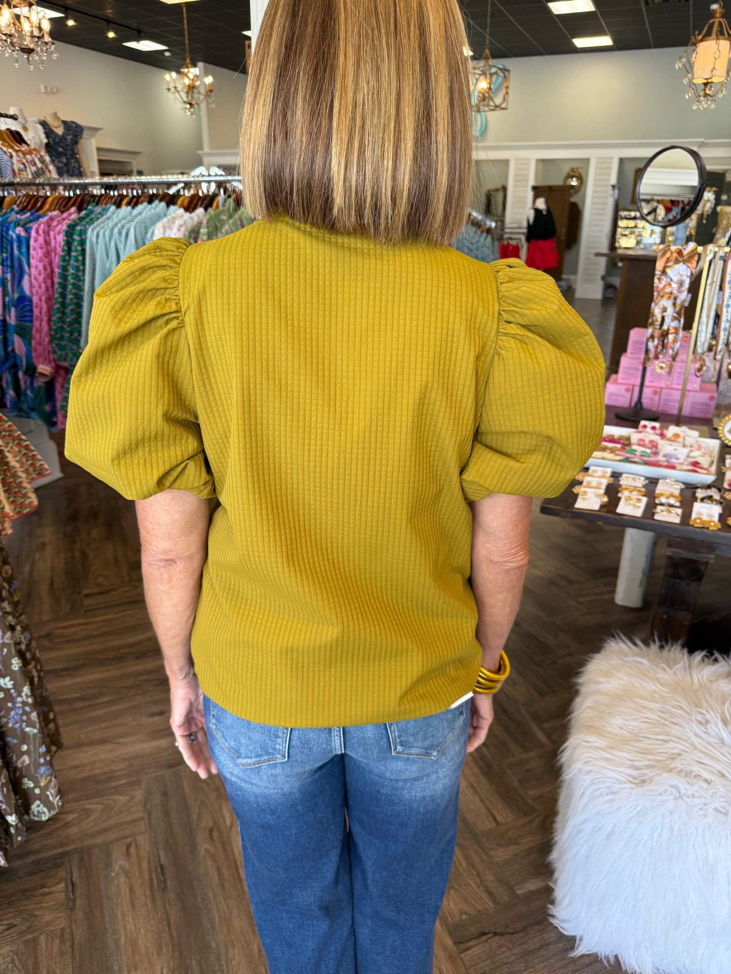 V-Neck Puff Sleeve Top: Mustard