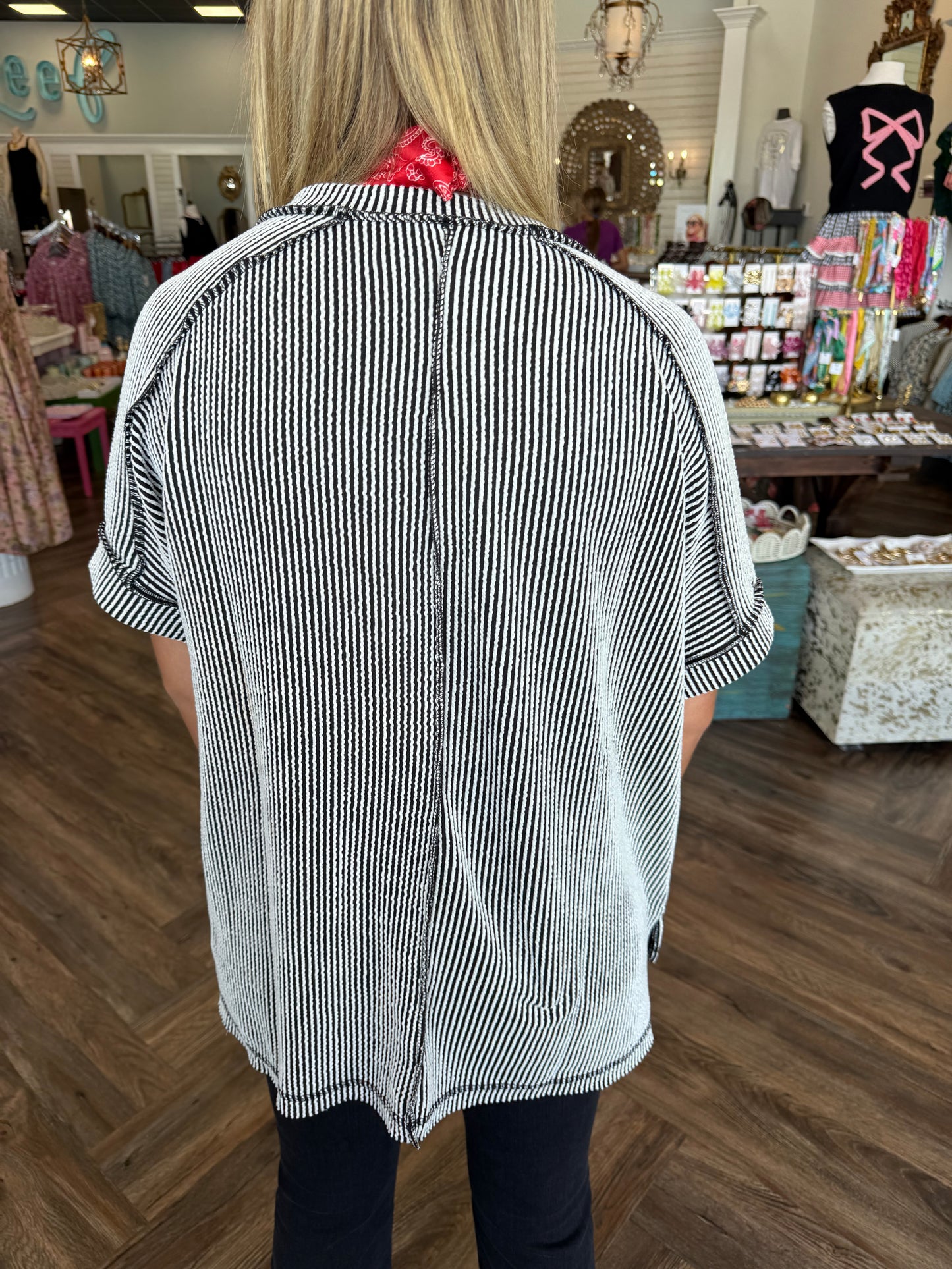 V-Neck Corded Top- Black/White